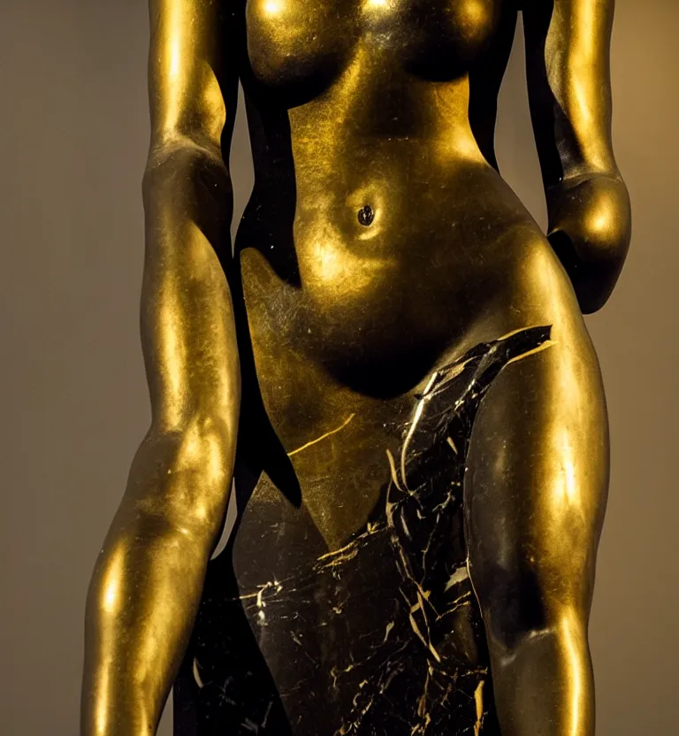 Image similar to a photo at the museum showing a black marble and gold full body sculpture of cleopatra. good quality, good light, anatomically correct, 8 k