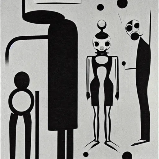 Image similar to strange beings in a common space, Oskar Schlemmer, futurism, Bauhaus