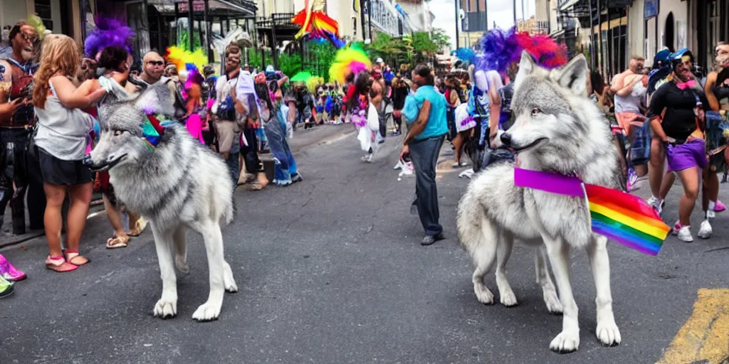 Prompt: a wolf furry on the streets of New Orleans, gay pride parade