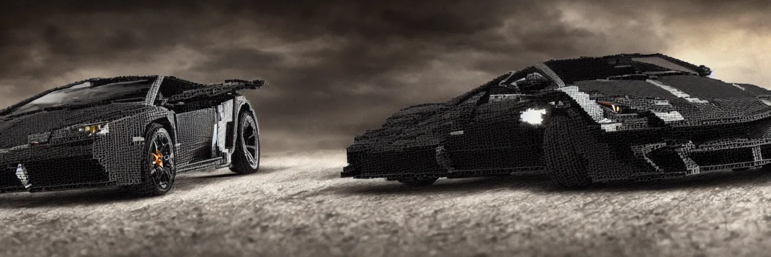 Image similar to black lego lamborghini. soft light. dark background. cinematic. intricate. close - up shot. highly detailed. matte painting in the style of craig mullins