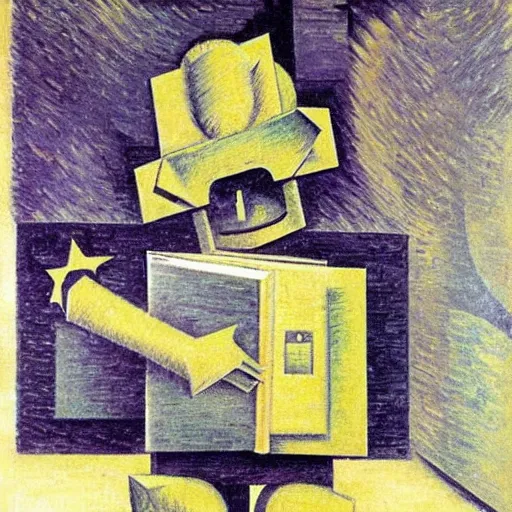 Image similar to A robot reading a book; in the style of Umberto Boccioni