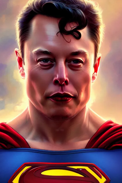 Image similar to elon musk as superman, realistic portrait, symmetrical, highly detailed, digital painting, artstation, concept art, smooth, sharp focus, illustration, cinematic lighting, art by artgerm and greg rutkowski and alphonse mucha