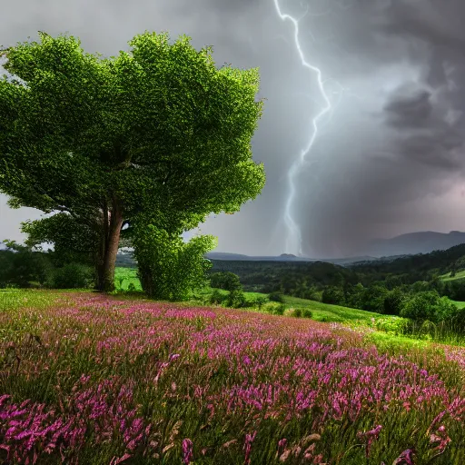 Prompt: dordogne typical landscape, hills in the background, summer, river, ultra detailed, ultra sharp, award winning. 8 k, flowers, trees, thunderstorm and rain, very dark clouds. heavy rain and lightning, octane render.