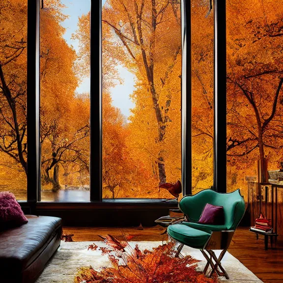 Image similar to fantastical living room with autumn chicago landscape in the window by marc adamus, beautiful dramatic lighting, overgrown with funghi, coat rack with coat hanging off, style by peter deligdisch, peterdraws