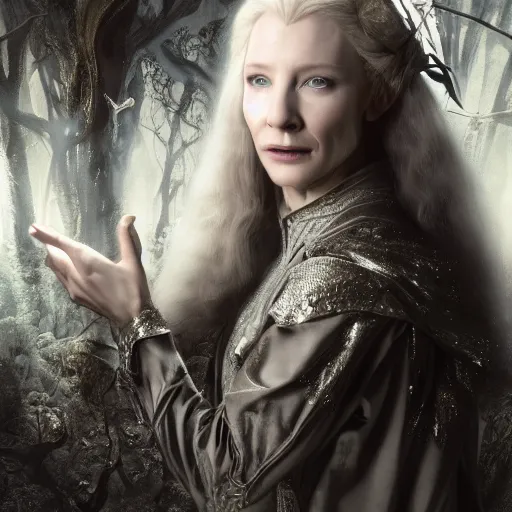 Prompt: portrait of dangerous , mischievous young Galadriel (Cate Blanchett) as a queen of elves, dressed in a refined silvery garment. The background is a dark, chilling eastern europen forrest. night, horroristic shadows, higher contrasts, (((lumnious))), theatrical, character concept art by ruan jia, thomas kinkade, and J.Dickenson, trending on Pinterest