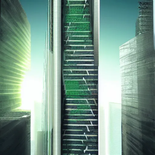 Prompt: fractal modern skyscraper, white structural geometric elements, dark green glass, very realistic, digital painting, very detailed, cinematic lighting, illustration, artstation, complicated, elegant