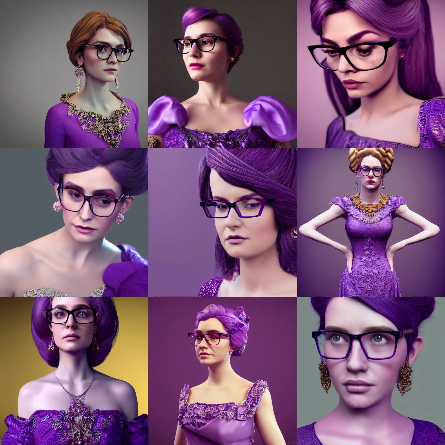 Prompt: pretty lady wearing an ornate purple dress and glasses, detailed, intricate, octane render, 8k