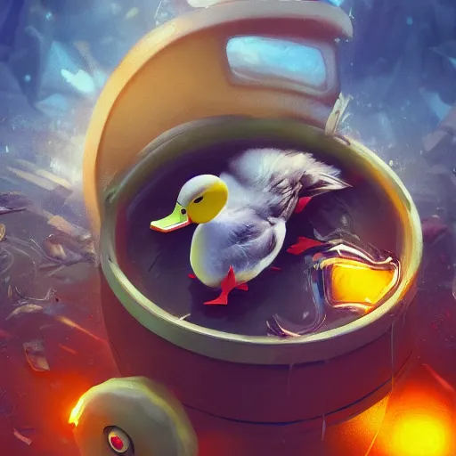 Image similar to duck drinks energy napiokmonstr energy, concept art, wlop, digital painting, trending on artstation, highly detailed, epic composition, official media, 8 k uhd