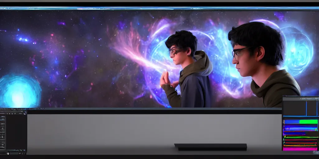 Prompt: a young mage creating a universe in his pc, a male mage in his 2 0 s with black hair sitting in front of wide monitor. hyperrealistic, extremely detailed, award - winning art, trending on artstation