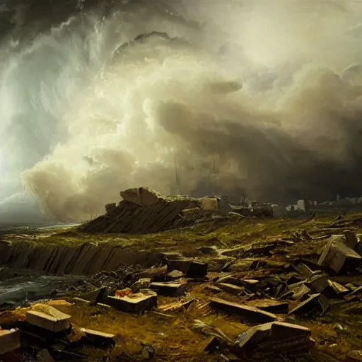 Image similar to Panorama view at a hurricane with rubble from a castle in its grasp, oil painting, by Greg Rutkowski