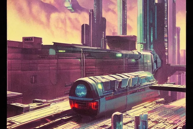 Prompt: 1 9 7 9 omni magazine cover of train bridge going through buildings in cyberpunk style by vincent di fate