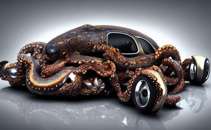 Image similar to car made of octopus, luxury HD render, sports car with tentacles, car made of shiny octopus flesh, half car half octopus, 4k