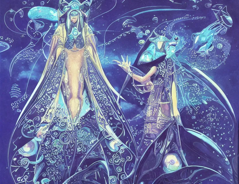 Image similar to priestess of galactic manta rays. gouache painting by award - winning mangaka, intricate details, chiaroscuro, bloom, backlighting