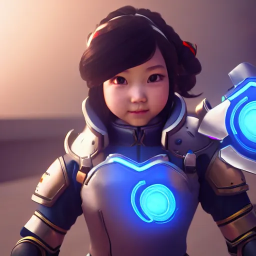 Image similar to a young girl with the appearance and armor of mei from overwatch, design, octane render, 4 k, ingame shot