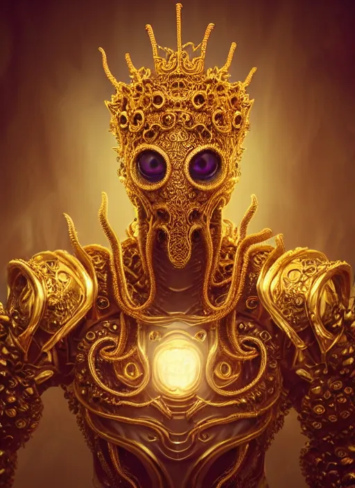 Image similar to a photo of 8 k ultra realistic angry corrupted lovecraftian royal golden humanoid queen at a board meeting, 8 intricate white and gold tentacles, face enhance, ornate white and gold armour, cinematic lighting, trending on artstation, 4 k, hyperrealistic, focused, extreme details, unreal engine 5, cinematic, masterpiece