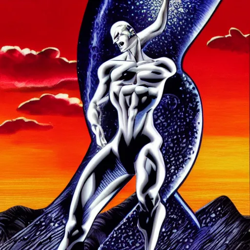 Prompt: dreams of silver surfer, manga, in style of robert mapplethorpe