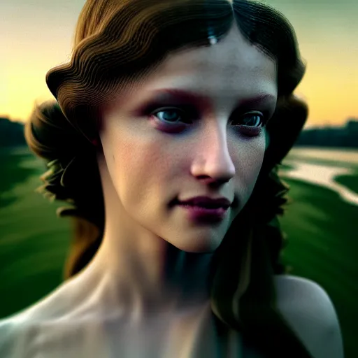 Image similar to photographic portrait of a stunningly beautiful english renaissance female in soft dreamy light at sunset, beside the river, soft focus, contemporary fashion shoot, in a denis villeneuve and tim burton movie, by edward robert hughes, annie leibovitz and steve mccurry, david lazar, jimmy nelsson, extremely detailed, breathtaking, hyperrealistic, perfect face, octane render