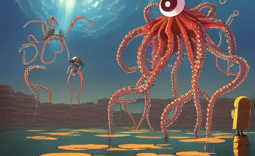 Image similar to a realistic cell - shaded studio ghibli concept art from paprika ( 2 0 0 6 ) of a flying intelligent multi - colored mechanical octopus from close encounters of the third kind ( 1 9 7 7 ) in a flooded monument valley. very dull colors, wide shot, hd, 4 k, hq