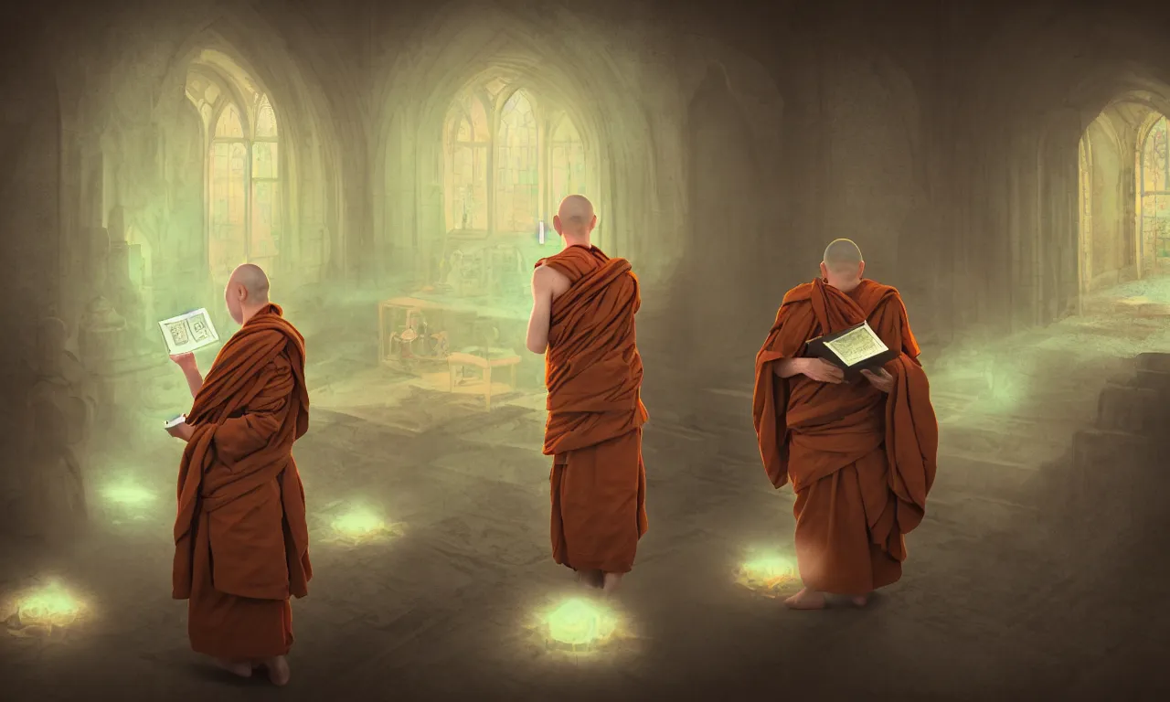 Image similar to monks in distrust, kerberos realm, service ticket close up, wizard reading a directory, nordic pastel colors, abandoned railroad, 3 d art, digital illustration, perfect lighting