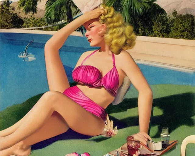 tuesday weld in a pink bikini lounging next to a palm