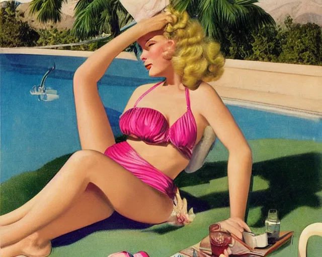 tuesday weld in a pink bikini lounging next to a palm, tuesday weld 