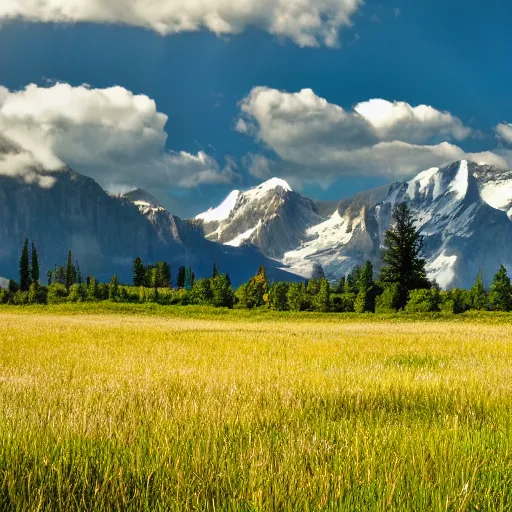 Prompt: beautiful meadows with a mountain range in the background