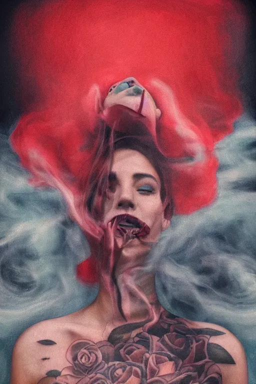 Image similar to tattooed beautiful cult girl smoke swirling and smiling, red dress, symmetric, dark, moody, eerie religious composition, photorealistic oil painting, post modernist layering, by Sean Yoro