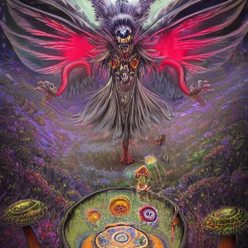 Image similar to 8K Portrait of centered chest up of a psychedelic godlike mothman shaman with moth face and giant mandala wings smoking a hand-rolled cigarette smoking heavily , magic mushroom village in background , post-processing , award winning. superb resolution. in the art style of junji Ito and greg rutkowski . Detailed Mushroom city in background. Hyper realistic anime. Perfect art. Dalle2