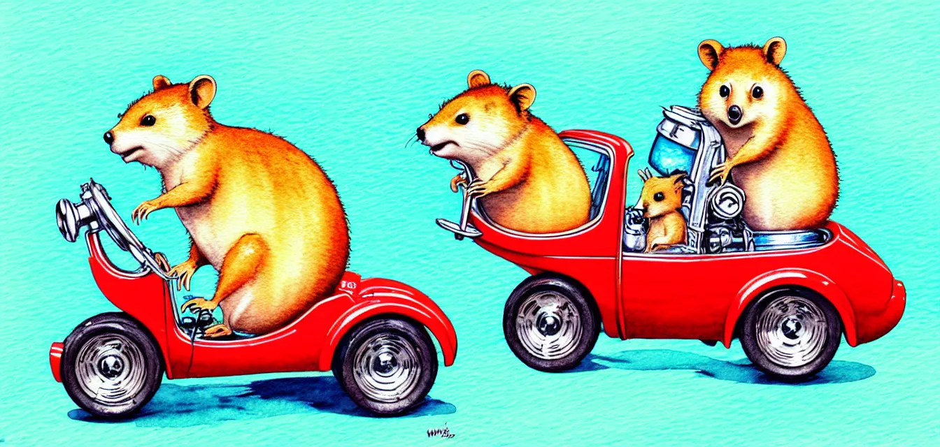 Prompt: cute and funny, quokka riding in a tiny hot rod with oversized engine, ratfink style by ed roth, centered award winning watercolor pen illustration, isometric illustration by chihiro iwasaki, edited by range murata, tiny details by artgerm and watercolor girl, symmetrically isometrically centered