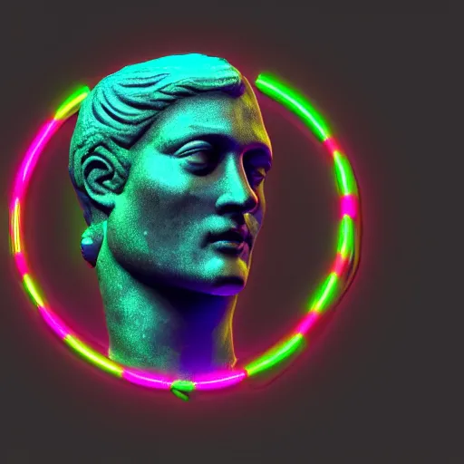 Image similar to a renaissance statue surrounded by a neon ring 3 d render, black background, ray tracing, 8 k resolution, shar focus, hyper detailed, hyper realistic