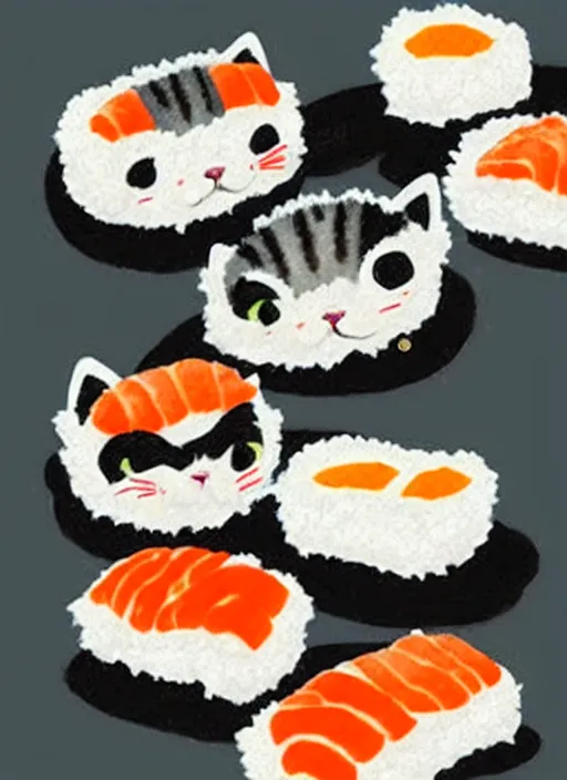 Image similar to clear photorealistic picture of adorable cats made out of sushi