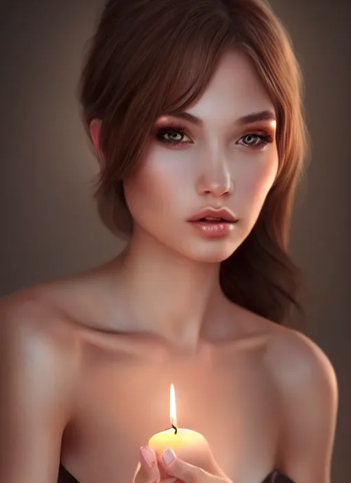 Prompt: a gorgeous female photo, professionally retouched, soft lighting, holding a candle, realistic, smooth face, perfect eyes, wide angle, sharp focus on eyes, 8 k high definition, insanely detailed, intricate, elegant, art by artgerm and wlop