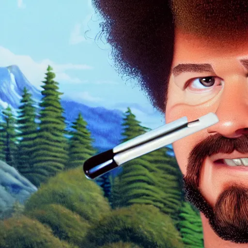 Image similar to a closeup photorealistic photograph of bob ross working on an image of kenny powers baseball bat paintbrush on a canvas. mountains and trees. film still. brightly lit scene. this 4 k hd image is trending on artstation, featured on behance, well - rendered, extra crisp, features intricate detail, epic composition and the style of unreal engine.