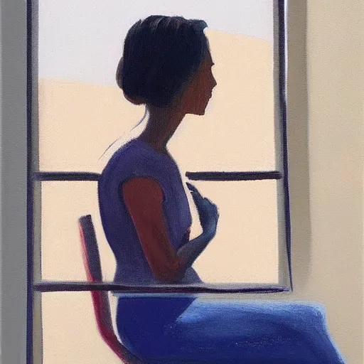 Image similar to woman sitting by the window waiting for someone, low key acrylic painting, stunning masterpiece by a very talented artist , very beautiful