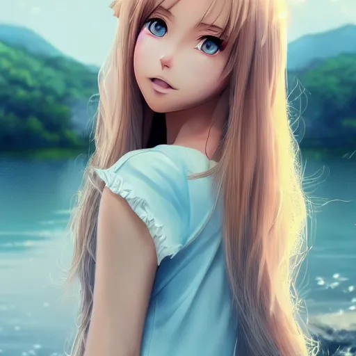 Image similar to a very beautiful anime girl, full body, long wavy blond hair, sky blue eyes, full round face, short smile, cute top, short jeans, summer lake setting, cinematic lightning, medium shot, mid-shot, highly detailed, trending on Artstation, Unreal Engine 4k, cinematic wallpaper by Stanley Artgerm Lau, WLOP, Rossdraws, James Jean, Andrei Riabovitchev, Marc Simonetti, and Sakimichan