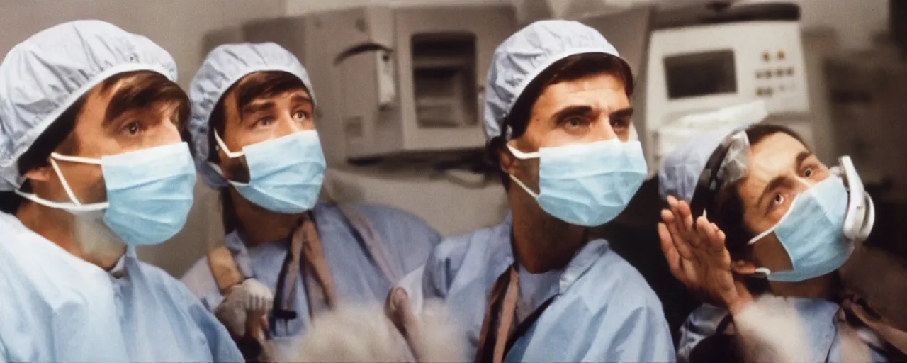 Prompt: a color 3 5 mm film photograph closeup of a couple startled scientists wearing surgical masks startled by a scary mysterious sound coming from the intercom system in a top secret lab