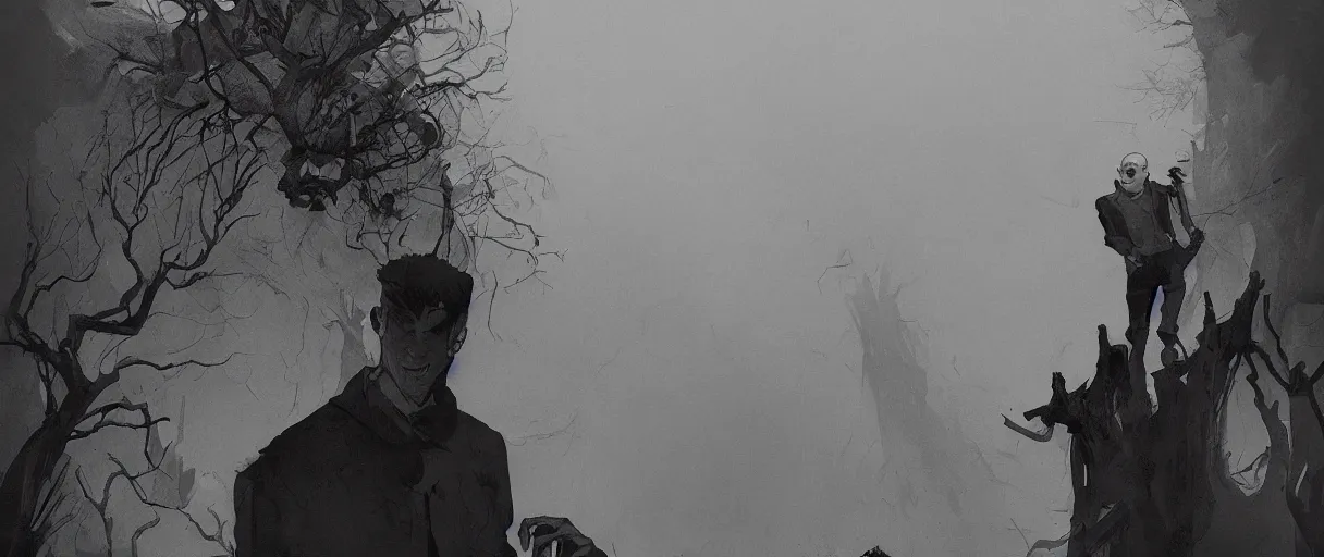 Prompt: duotone comic noir illustration portrait of gaunter o'dimm bald man with a demonic stare from hearts of stone sitting below a willow tree in a foggy evening by sachin teng and sergey kolesov and ruan jia and heng z. graffiti art, scifi, fantasy, hyper detailed. octane render. concept art. trending on artstation