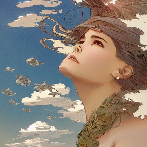 Prompt: Whales in the sky over the rooftops, highly detailed, digital painting, artstation, illustration, art by artgerm and greg rutkowski and alphonse mucha