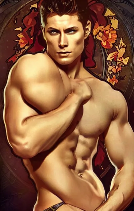 Image similar to pretty muscular dean winchester as a character in romance book art design, character concept, sharp focus!, ultra detailed, art by artgerm alphonse mucha, wlop