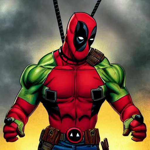 Image similar to a portrait of deadpool fighting the hulk, extremely detailed digital art by mark brooks