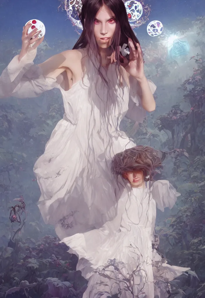 Prompt: full body picture of a white dress witch, standing on a floating greed cubes with monster companions, model pose, very brightening eyes, huge magic circles on the hand, magic and fantasy, extremely beautiful and aesthetic and detailed cute face, specular reflection, occlusion shadow, intricate, masterpiece, by ilya kuvshinov and jeremy lipking and quentin mabille