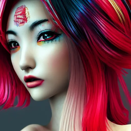 Image similar to Japanese model with maximalist hair style and makeup, bright colors, fashion model, unreal engine octane, red and white, portrait, gliter, depth of field, 8k, hyper detailed, intricate, trending on artstation