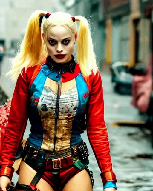 Image similar to gorgeous suicide squad margot robbie that looks like harley quinn, long blonde hair and big eyes, beautiful smile, finely detailed perfect face, standing on the wet street at sunset, a movie directed by christopher nolan, movie still frame, promotional image, imax 7 0 mm footage