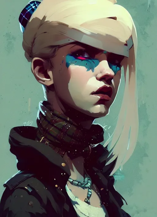 Image similar to highly detailed closeup portrait of a sewer punk rogue lady, tartan vestments, blonde hair by atey ghailan, by greg rutkowski, by greg tocchini, by james gilleard, by joe fenton, by kaethe butcher, gradient, blue, black, brown and cream color scheme, grunge aesthetic!!! white graffiti tag wall background