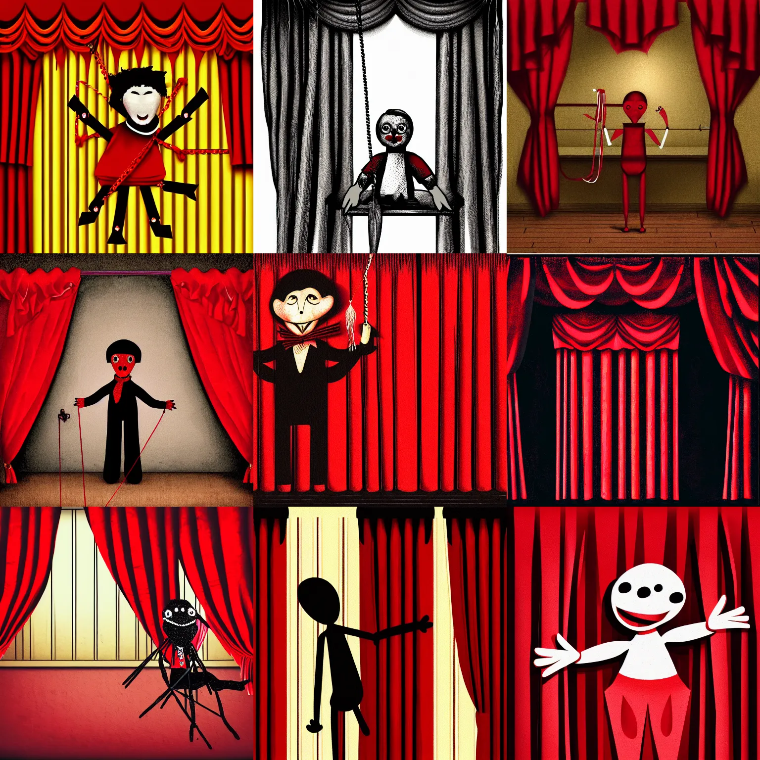Prompt: Illustration of a puppet on strings, red curtains, details visible, highly detailed, very dark ambiance, album cover