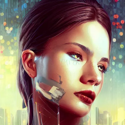 Image similar to portrait of chloe from detroit by artgerm, close up, portrait, cinematic, elegant, artstation, intricate, highly detailed, digital painting, artstation, concept art, sharp focus, illustration, cyberpunk, cgsociety, 8 k