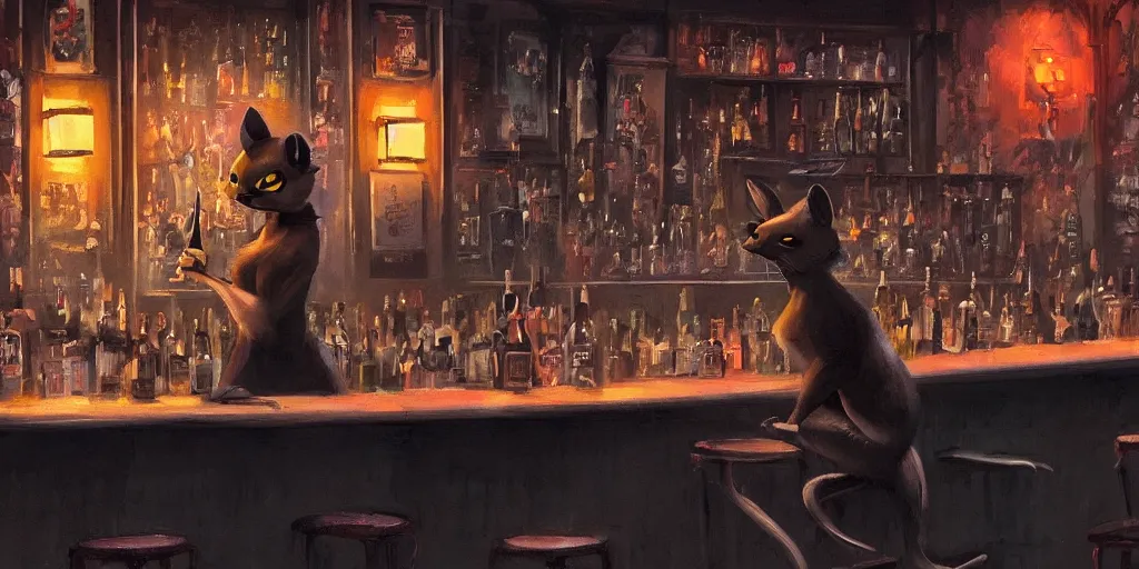 Image similar to a biped lady rat is working at the bar of a 4 0 s jazz club, warm color palette, night time, dramatic lighting, noir film, character sheet, fine details, high contrast, blacksad, kim jung gi, greg rutkowski, trending on artstation, 8 k, front view, back view, ultra wide angle