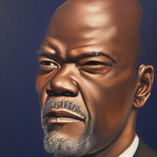 Image similar to A portrait of Samuel Jackson, (((half of his face is a skeleton))), dark blue gradient background, realistic, oil painting