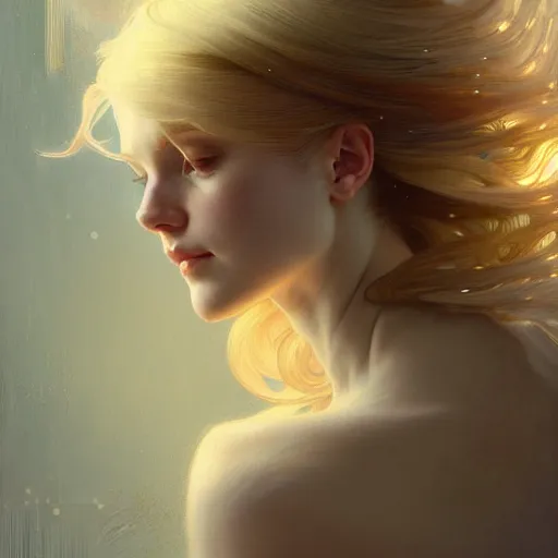 Prompt: A portrait of a blonde girl with a glowing halo surrounded by many delicate feathers, face, intricate, elegant, highly detailed, digital painting, artstation, concept art, smooth, sharp focus, illustration, art by Krenz Cushart and Artem Demura and alphonse mucha