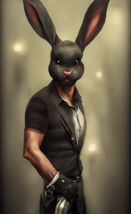 Prompt: dark fantasy photorealistic portrait concept art of a bunny hitman, trending on art station, stunning visuals, creative, cinematic, ultra detailed